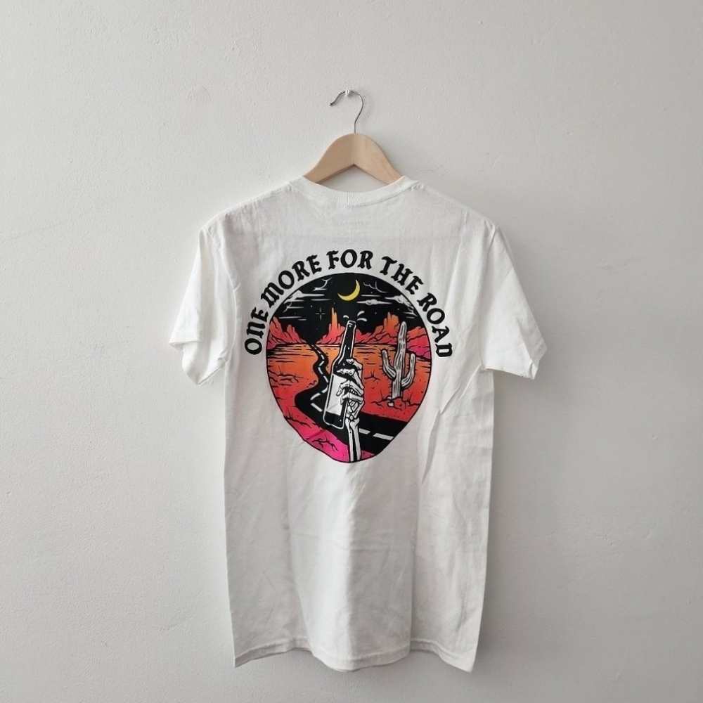 Retrofit | White Graphic T-Shirt with Skeleton Hand & Desert Road Art